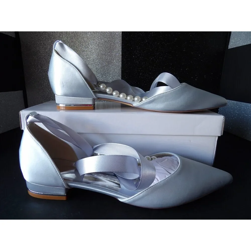 Bridal Satin Pearl Strap Flats - Light Blue (Size US Women's 8.5)